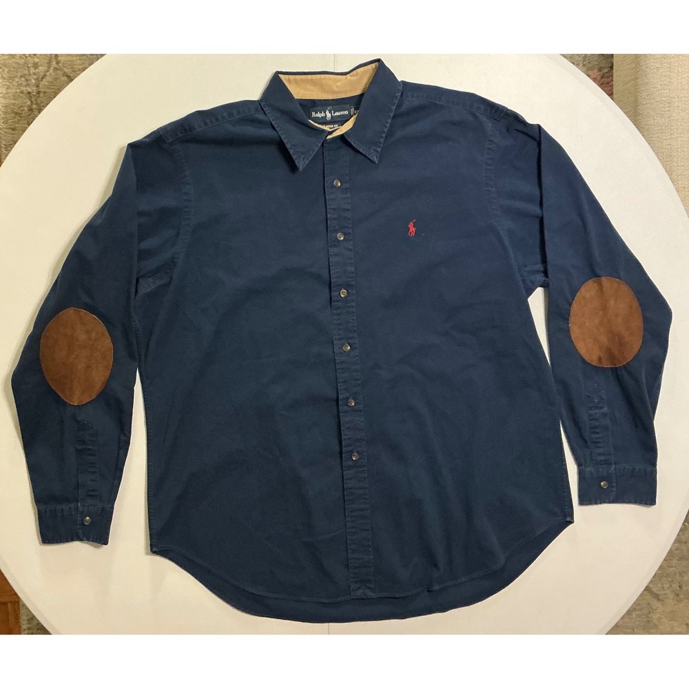 VTG Y2K Polo Ralph Lauren Navy Cotton Button Down Shirt Elbow Patches Mens 2XL